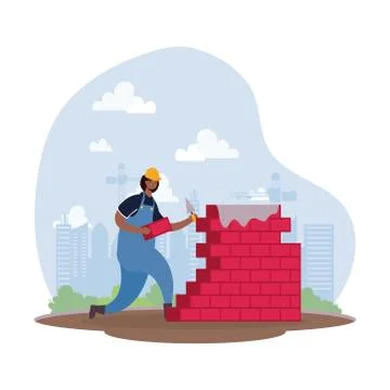Afro constructor worker with bricks wall character scene Stock Illustration