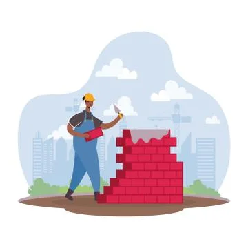 Afro constructor worker with bricks wall character Stock Illustration