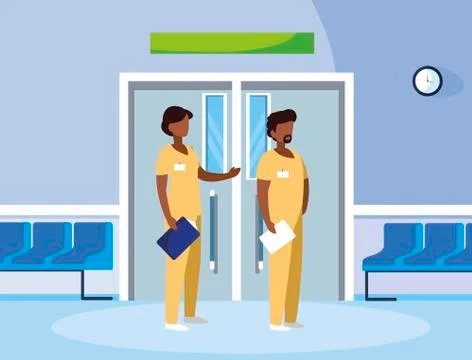 Afro couple medicine workers in elevator door Ilustração Stock