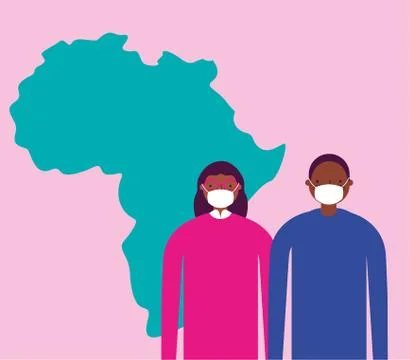 Afro couple using face masks for covid19 with africa map Ilustração Stock
