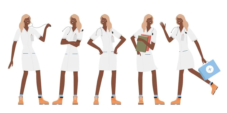 Afro Doctor Posing in Various Stances Stock Illustration