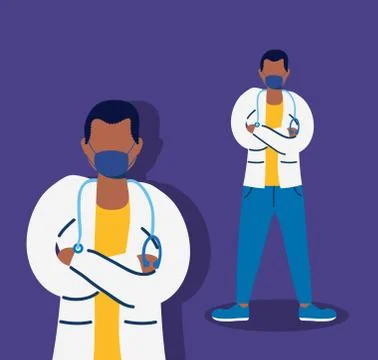 Afro doctors with face masks characters 스톡 일러스트