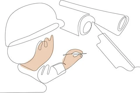 Afro engineer wearing helmet makes a calculation Illustrazione stock