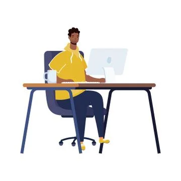 Afro ethnic man with beard working in desktop computer character Stock Illustration