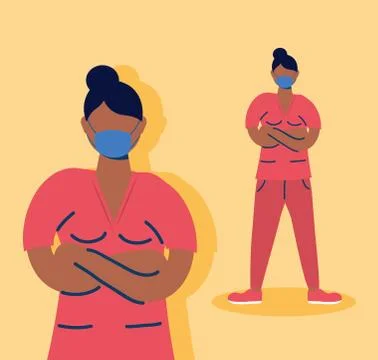 Afro female doctors with face masks characters Stock Illustration
