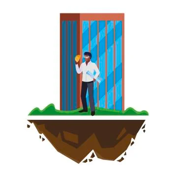 Afro male builder constructor worker with building Ilustración de archivo