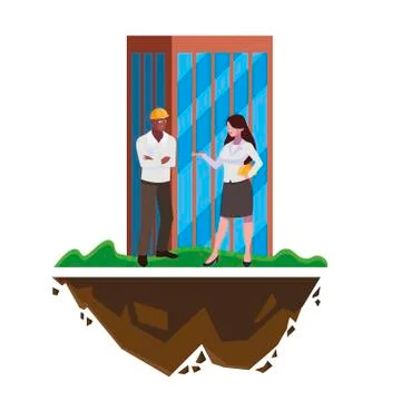 Afro male builder with female engineer with building Illustrazione stock
