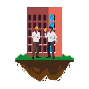 Afro male builders constructors workers with building Ilustración de archivo