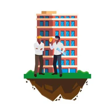 Afro male builders constructors workers with building Ilustración de archivo
