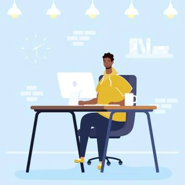 Afro man using computer desktop in workplace character Illustrazione stock