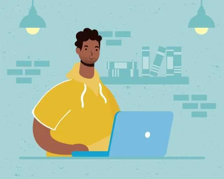 Afro man using laptop computer in the house Illustrazione stock