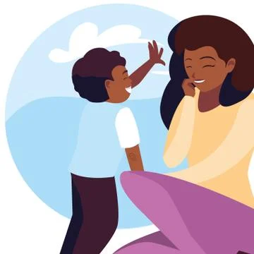 Afro mother and son with pattern sky clouds Stock Illustration