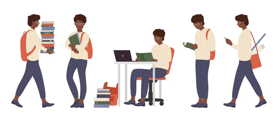 Afro Nerd in Various Study Poses Illustration