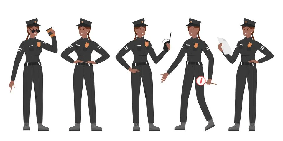 Afro Policewoman Posing in Uniform Set Stock Illustration