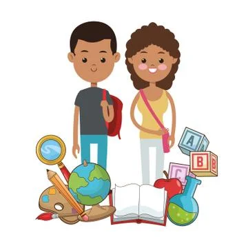 Afro pupils school ready back supplies elements Illustrazione stock