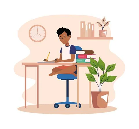 Afro schoolboy studing Stock Illustration