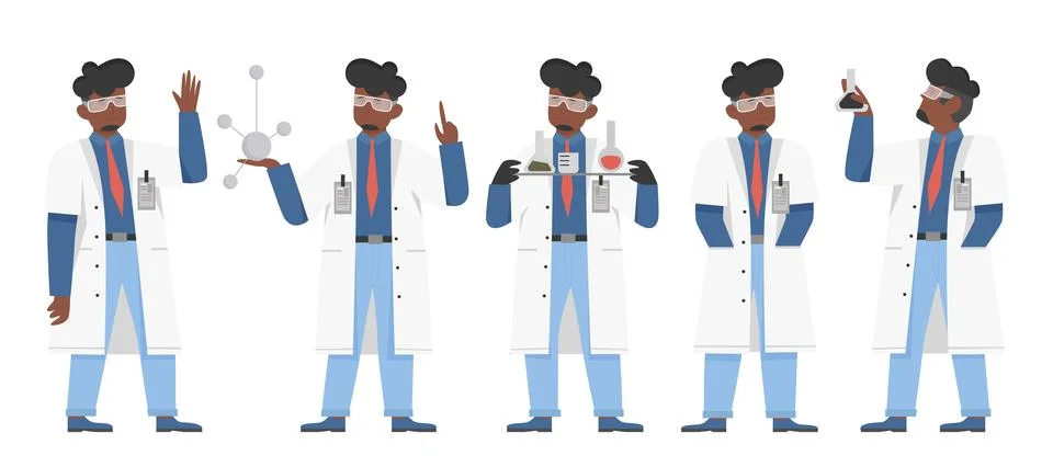 Afro Scientist in Various Lab Poses Stock Illustration