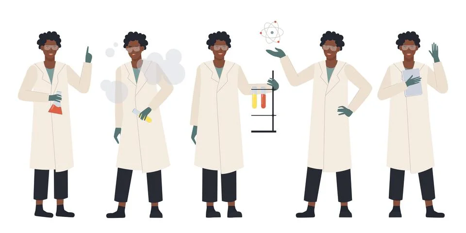 Afro Scientist in Various Lab Poses Stock Illustration