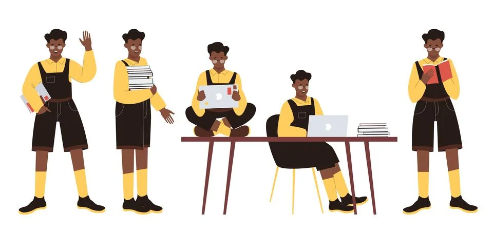 Afro Student Engaged in Various Activities Stock Illustration