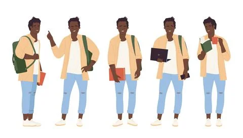 Afro Student Posing with Books and Laptop Stock Illustration