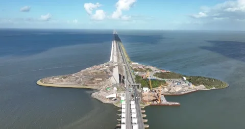 Afsluitdijk construction on pumping stations new sluices and the A7 near Den Stock Footage 219721549