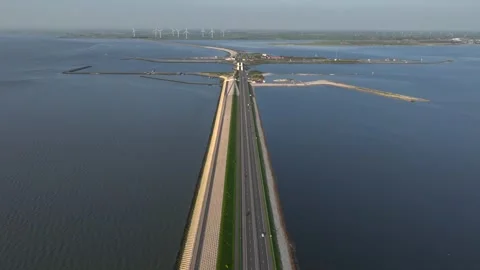 Afsluitdijk construction on pumping stations, new sluices and A7 Highway in Stock Footage 276901205
