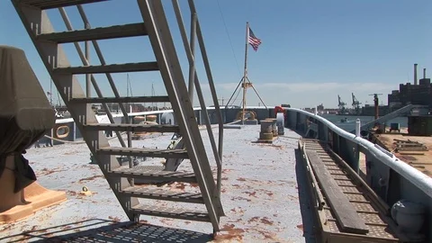Aft deck with ladder of Coast Guard Cutter docked in Baltimore, Maryland USA Stock Footage 105434732