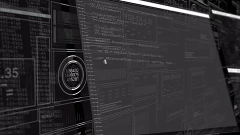 After 3D grid receding, translucent code panel sliding up, revealing live data Stock Footage 318260750