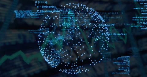 After activation, digital globe rotating with nodes while code snippets Stock Footage 310637314
