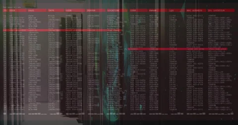 After aisle pan, rotating data hologram on server racks with scanning log 스톡 동영상 312467178