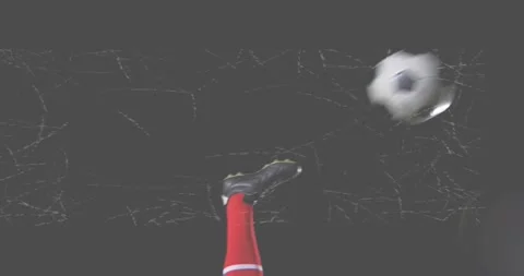After ball rolling red-socked leg striking ball swinging bicycle kick, scribbles Video stock 318741112
