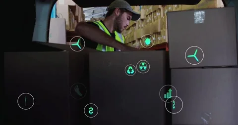 After bay opening, loader stacking and sorting boxes to organize stock while Video stock 333967789