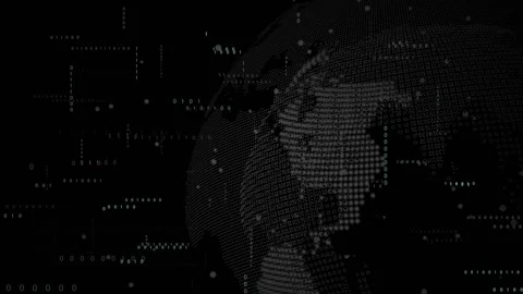 After binary streams drifting, 3D globe emerging and spinning to reveal Stock Footage 320128004