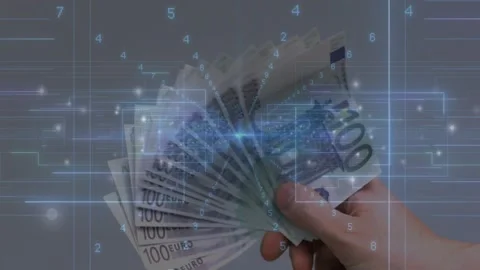 After blue overlay, single hand fanning and rotating euro notes revealing 100s, Stock Footage 329470643