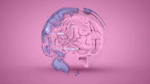 After brief pause, 3D brain hovering, fragments emerging, continents rotating Stock Footage 312099064