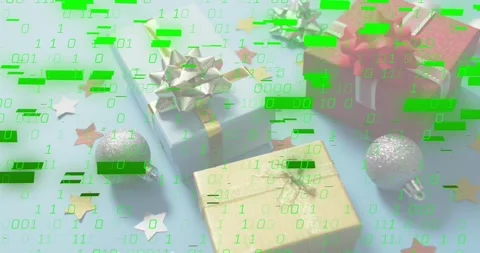 After brief pause binary digits drifting down slowly covering gift boxes to Stock Footage 317772099
