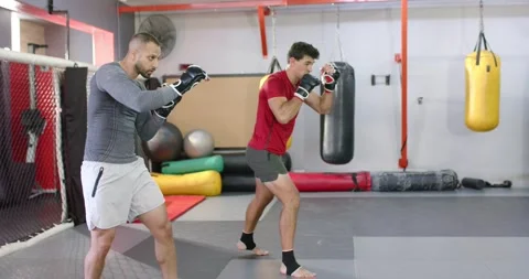 After brief pause, diverse sparring partners drilling synchronized jabs in gym Stock Footage 336366865