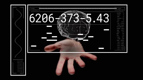 After brief pause hand emerging from UI holding 3D brain with updating data for Stock Footage 312710441