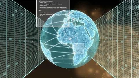 After brief pause holo globe fading and animating network mesh, tech racks Stock Footage 333019543