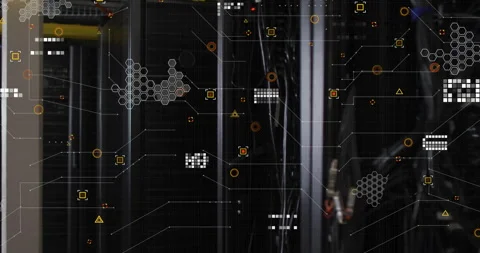 After camera framing server rack UI elements flickering and linking into grid Stock Footage 312483741