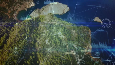 After camera settling, forest peninsula receiving network overlay, visualizing Video stock 310660475