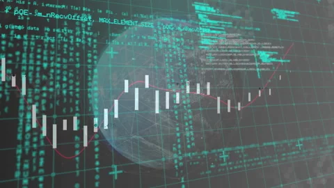After candlestick bars hitting low point, 3D chart showing market rebound over Stock Footage 313639375