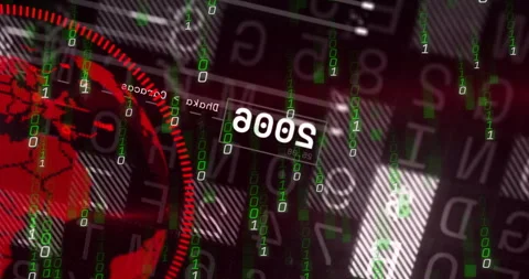 After cell highlighting binary code falling red ring animating globe rotating Stock Footage 310406432