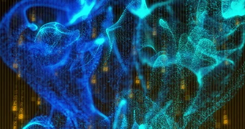 After code drifting down, blue particle mesh emerging left, forming smoke plumes Stock Footage 311699538