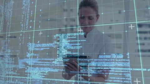 After code grid appearing IT analyst raising tablet and tapping screen scrolling Stock Footage 311050007