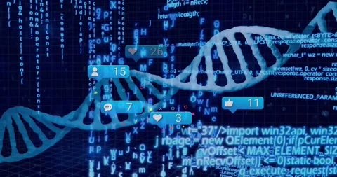 After code scroll, 3D DNA helix floating icons appearing and updating to show Stock Footage 317159348