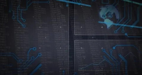 After code snippet appearing, JS lines sliding, globe pulsing, graph drawing and Stock Footage 317115651