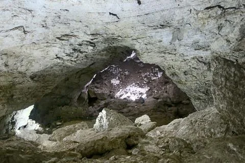 After collapse of limestone cave, falling rocks. Stock Photos