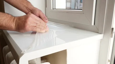 After completion of construction and installation work, the protective film is r Stock Footage 252200540