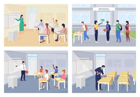 After covid pandemic rules at school flat color vector illustration set Stock Illustration